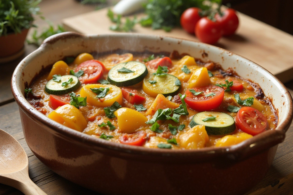 Freshly baked vegan casserole with colorful vegetables