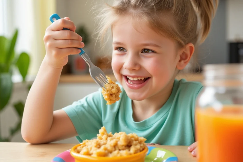  Child eating a kid-friendly vegan casserole