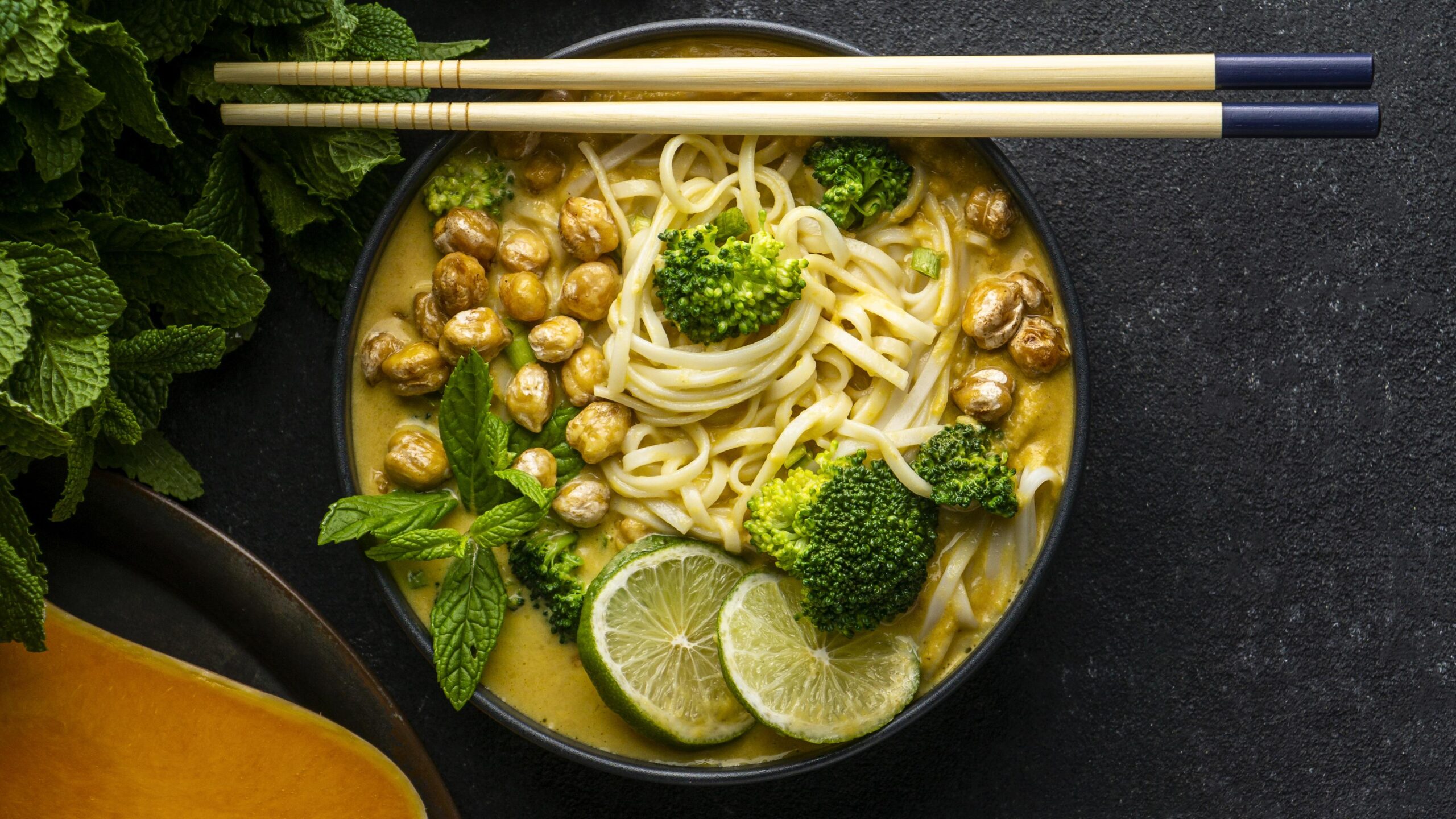 Bowl of delicious vegan ramen with toppings