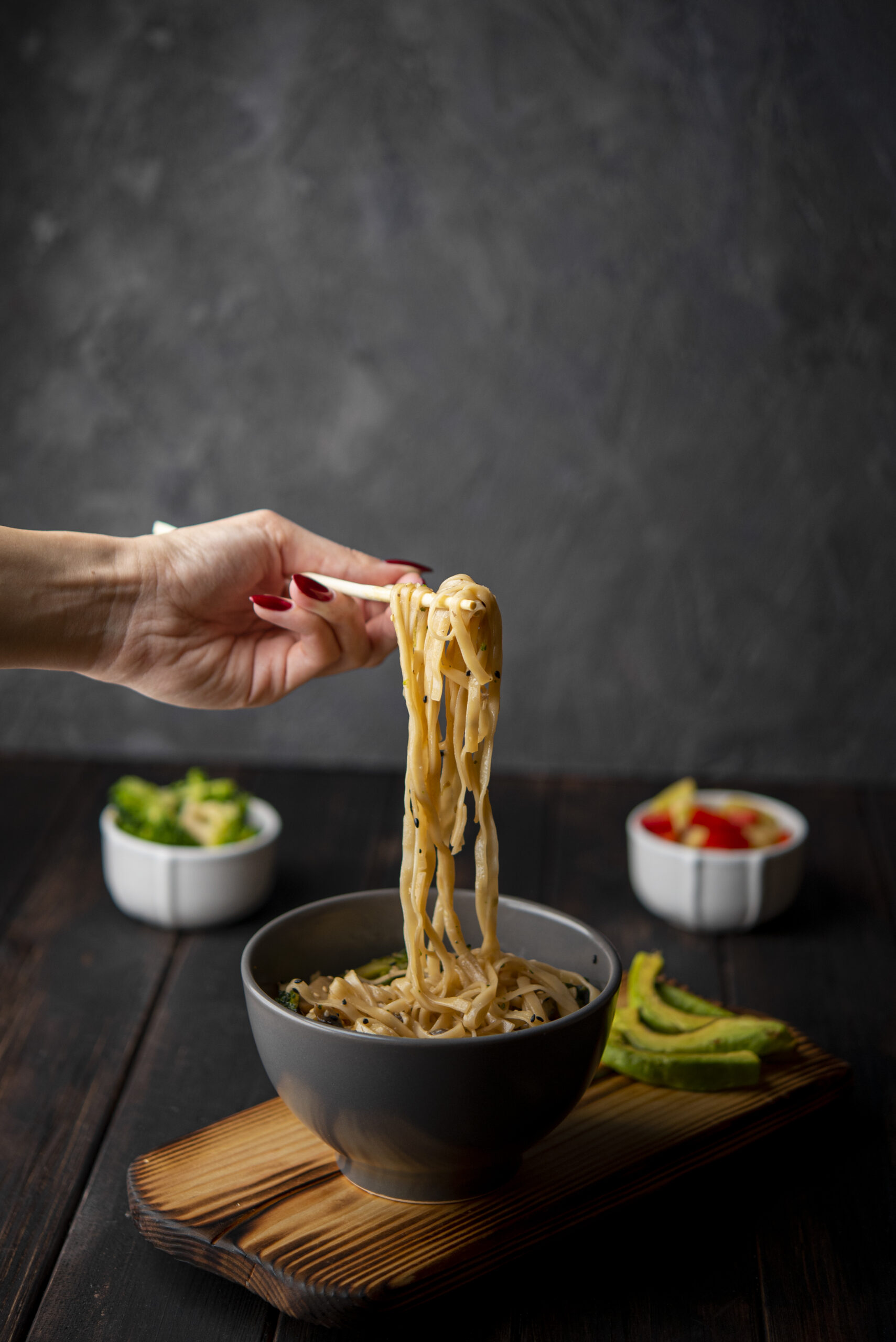 Bowl of delicious vegan ramen with toppings