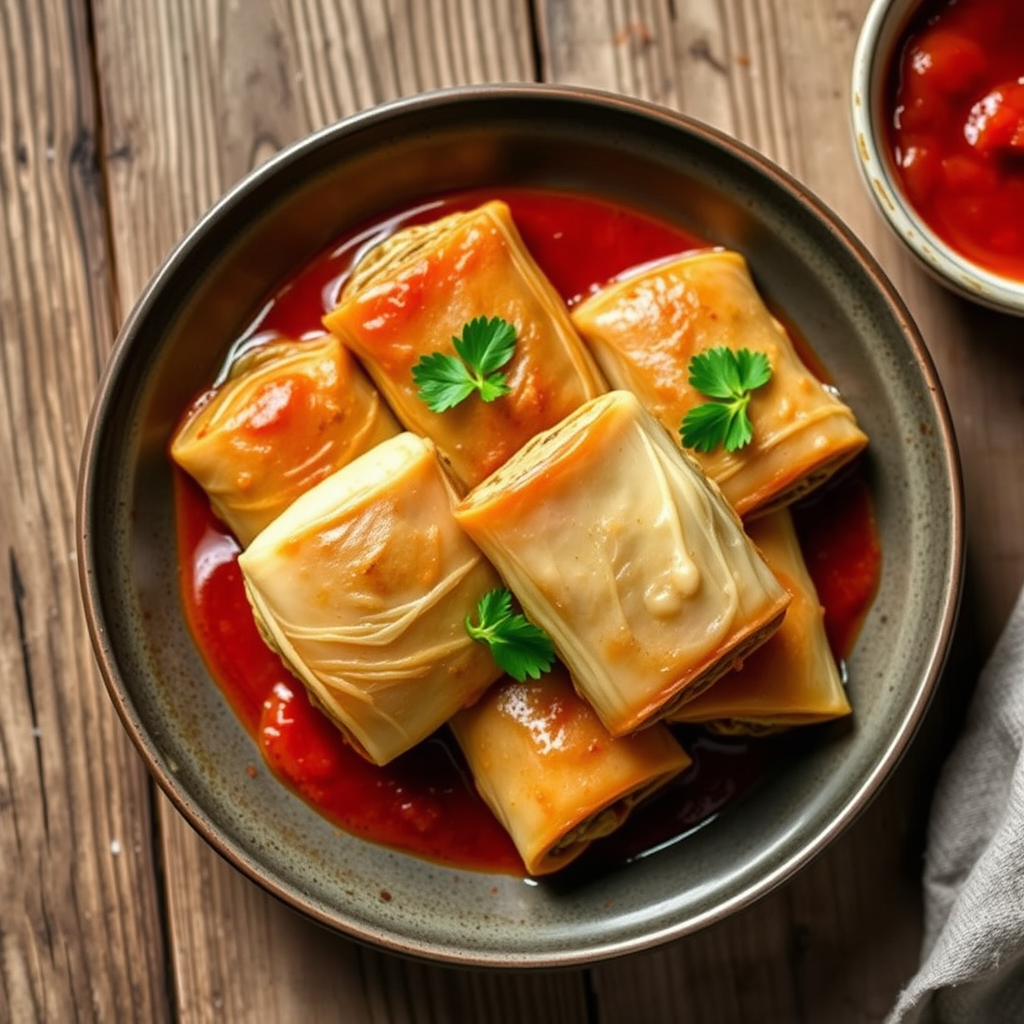 Vegan stuffed cabbage rolls filled with lentils and quinoa, topped with tomato sauce and garnished with parsley.