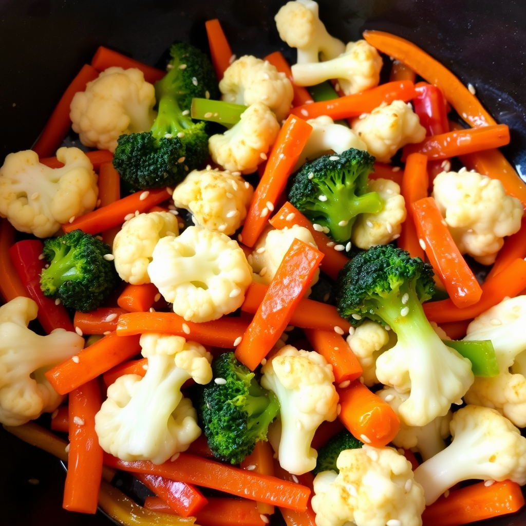 Quick and easy vegan cauliflower stir-fry with colorful vegetables in a soy sauce glaze.