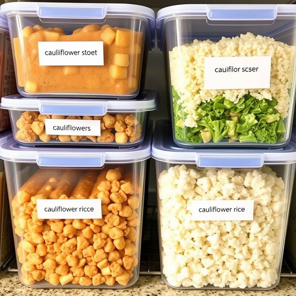 Meal prep containers with frozen vegan cauliflower recipes like soups and casseroles.