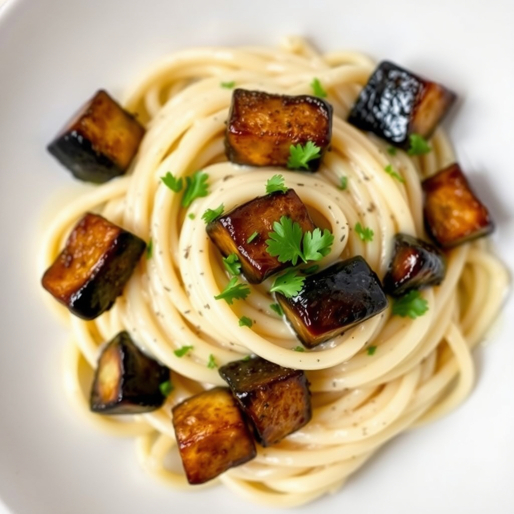 Creamy pasta topped with sautéed eggplant cubes, fresh parsley, and black pepper.