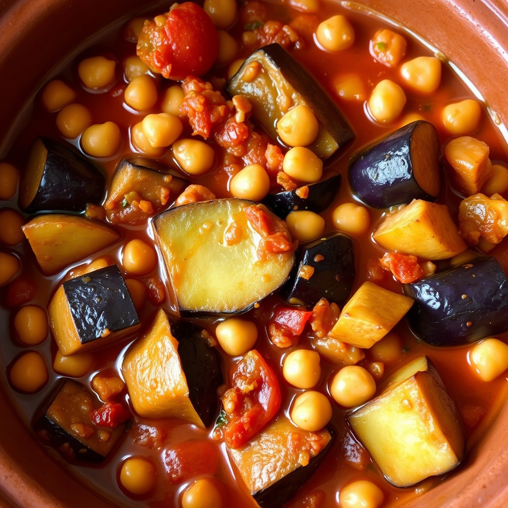 Moroccan-style stew with eggplant chunks, chickpeas, and a rich, spiced tomato base.