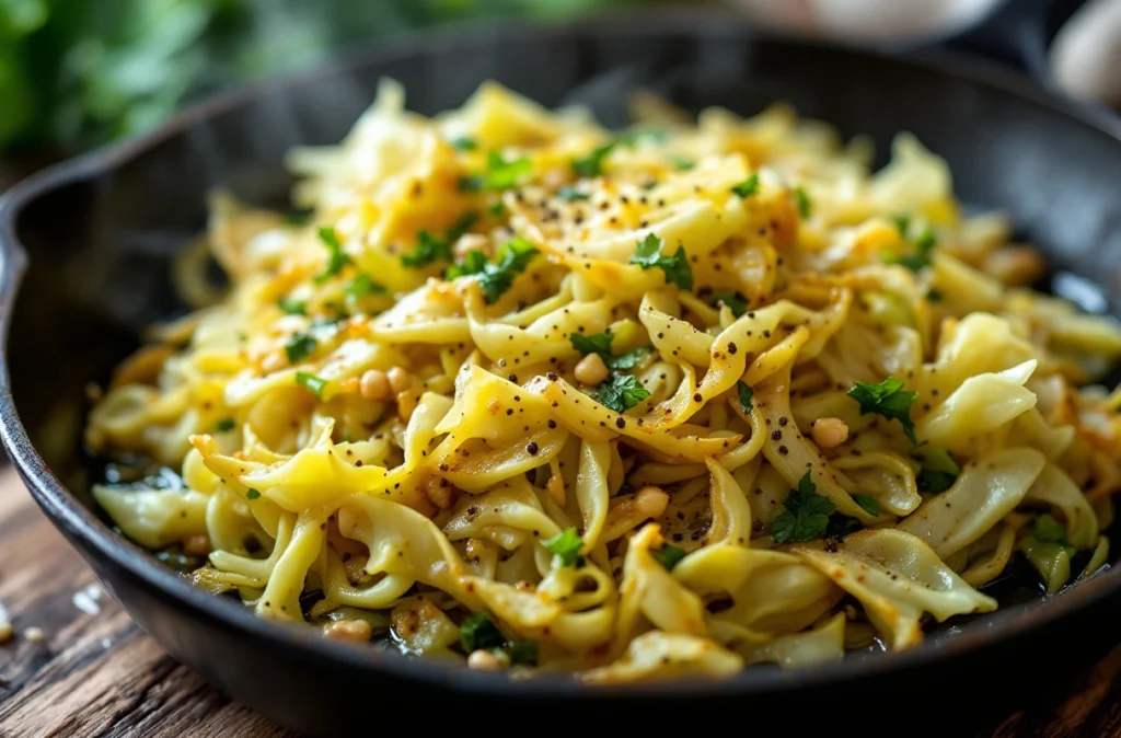 Sautéed garlic cabbage in a cast iron skillet