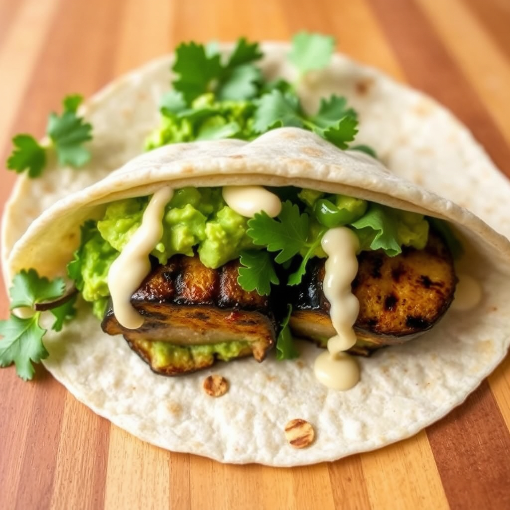 Tortilla wrap filled with grilled eggplant, mashed avocado, fresh greens, and vegan mayo.