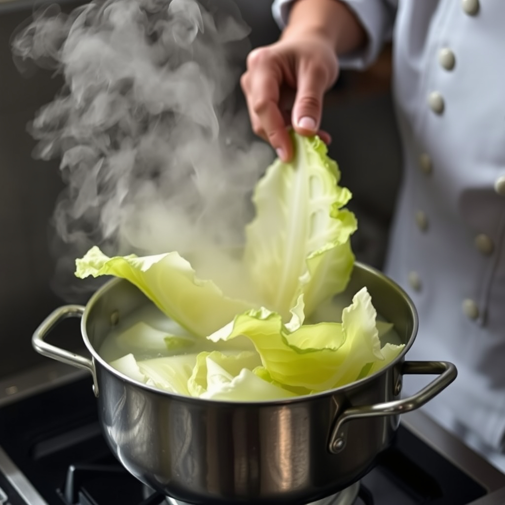 Blanched cabbage leaves in a pot of boiling water for vegan cabbage recipes.