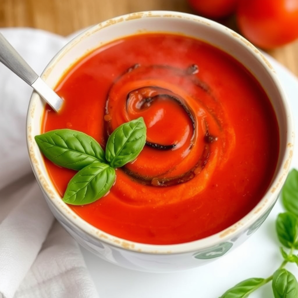 A bowl of roasted eggplant and tomato soup garnished with fresh basil leaves.