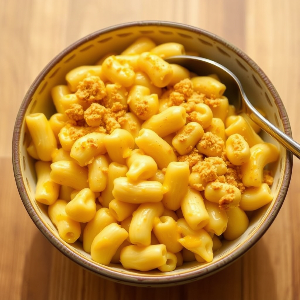 Bowl of vegan cauliflower mac and cheese topped with golden breadcrumbs.