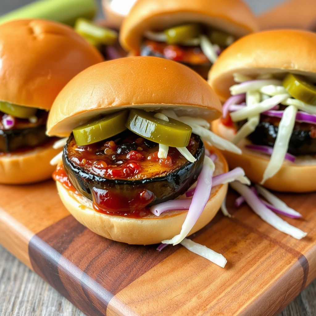 Mini sliders with BBQ-glazed eggplant slices, coleslaw, and pickles.