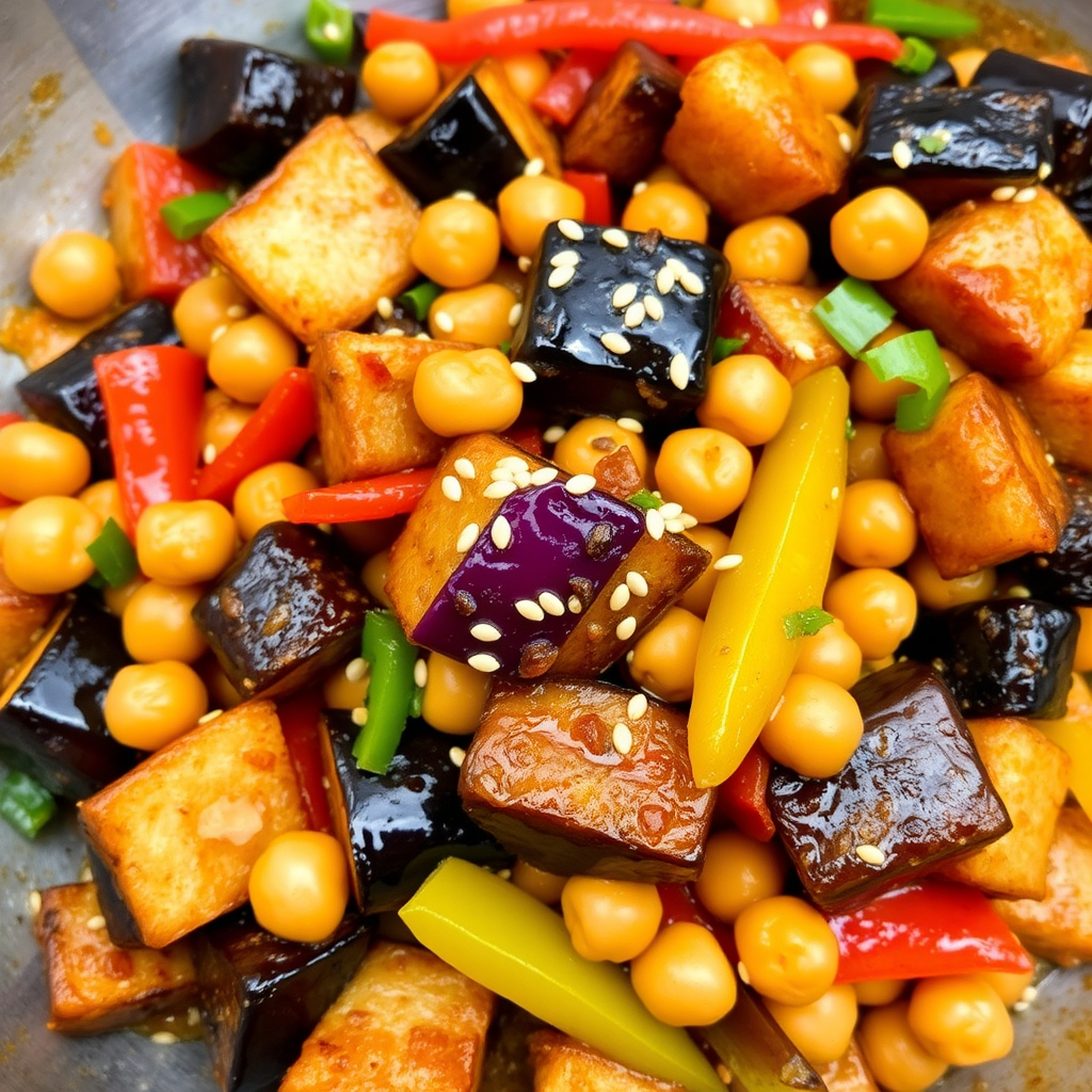 Spicy stir-fry featuring eggplant chunks, chickpeas, and bell peppers.