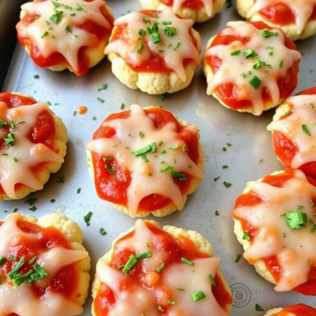 Mini cauliflower pizza bites topped with vegan cheese and marinara sauce.