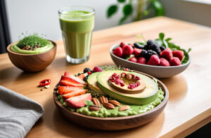 A vibrant vegan breakfast bowl featuring fresh avocado, strawberries, almonds, and pomegranate seeds, accompanied by a bowl of greens, a smoothie, and mixed berries on a wooden table.