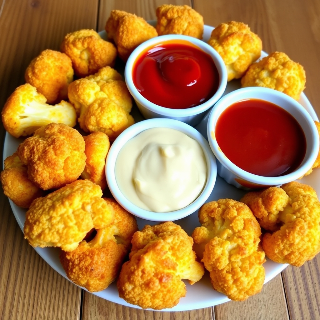 Golden baked cauliflower nuggets served with dipping sauces.