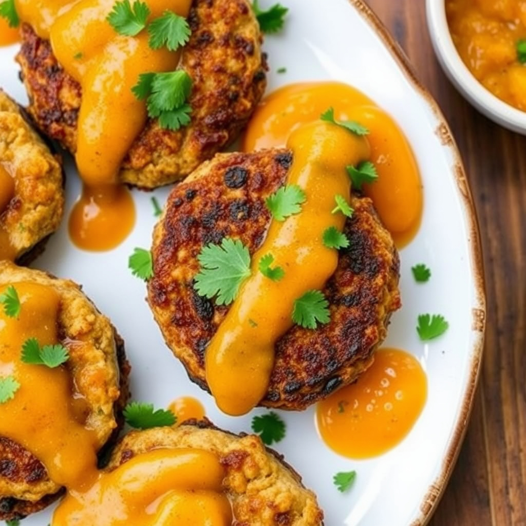 "Golden spiced eggplant patties drizzled with sweet mango chutney and garnished with cilantro.