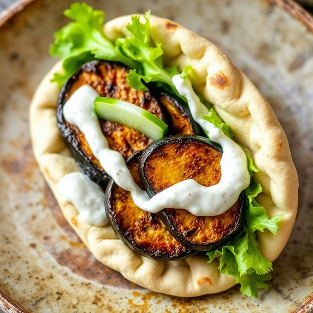 Mediterranean-style pita stuffed with roasted eggplant, lettuce, cucumber, and vegan tzatziki.