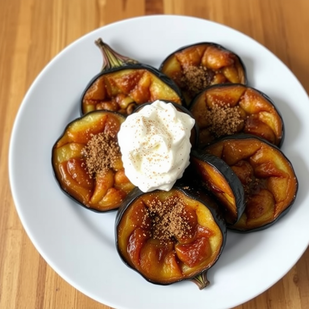 Caramelized eggplant slices topped with cinnamon sugar and vegan whipped cream.