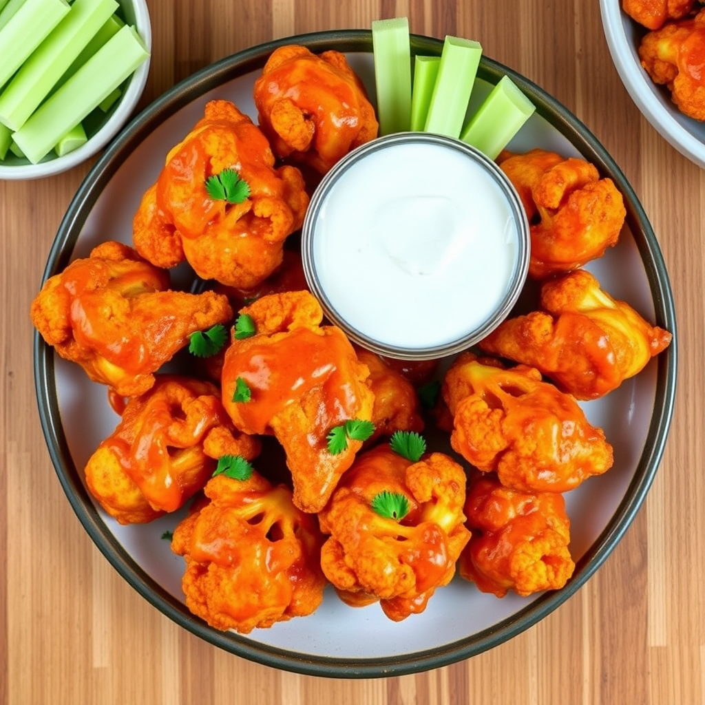 Crispy vegan buffalo cauliflower wings served with ranch dip and celery sticks.