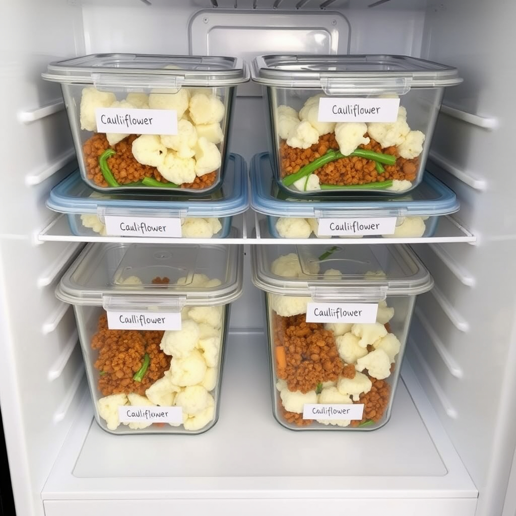 Organized fridge with vegan cauliflower meal prep containers.