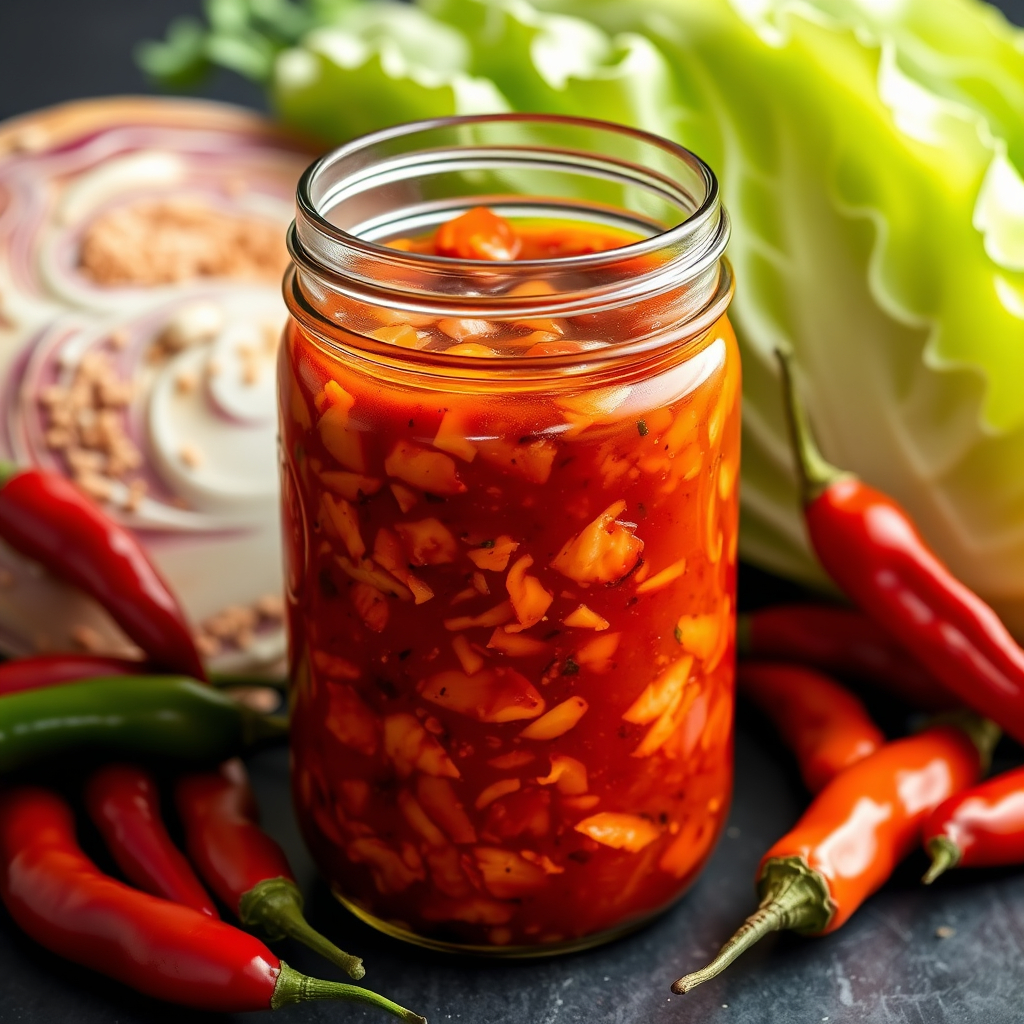 "Homemade vegan kimchi in a glass jar, surrounded by fresh Napa cabbage and chili peppers.