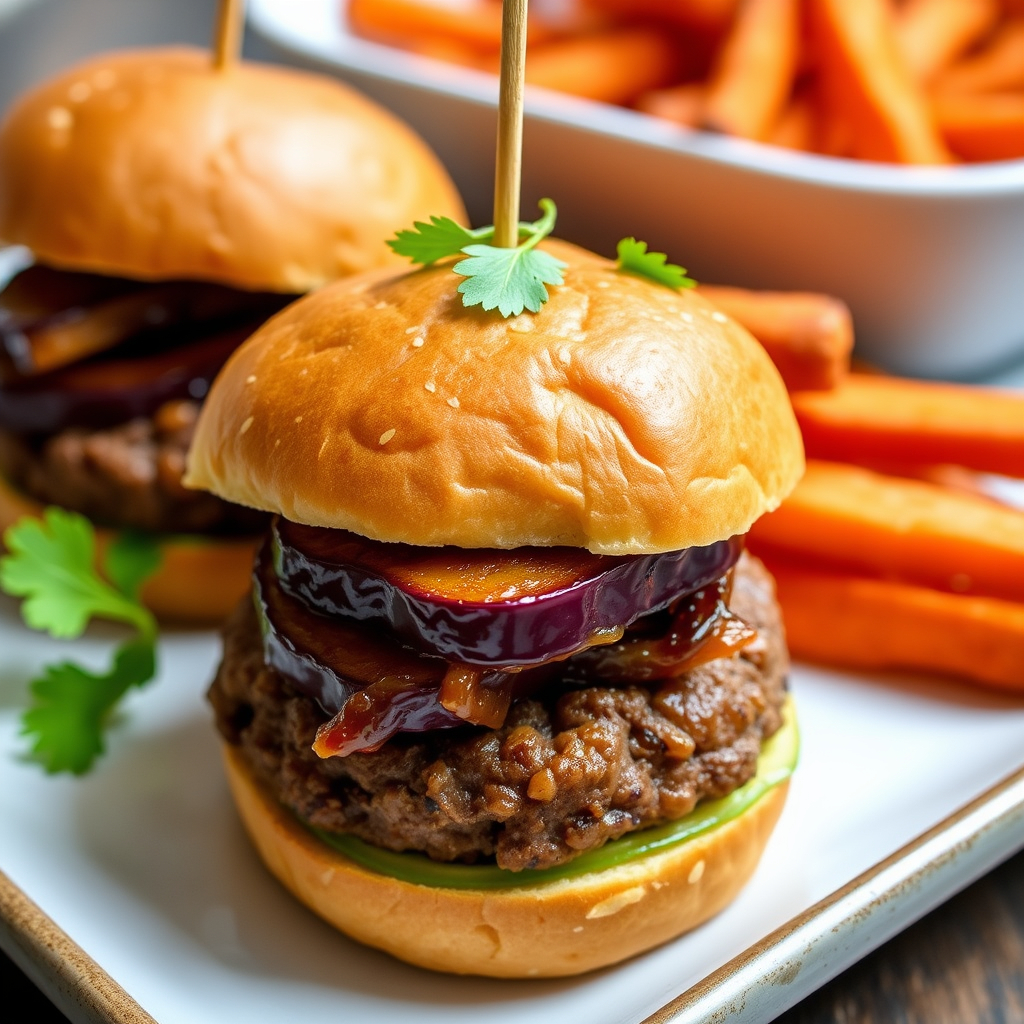 Mini sliders with black bean patties and caramelized eggplant, served with sweet potato fries.