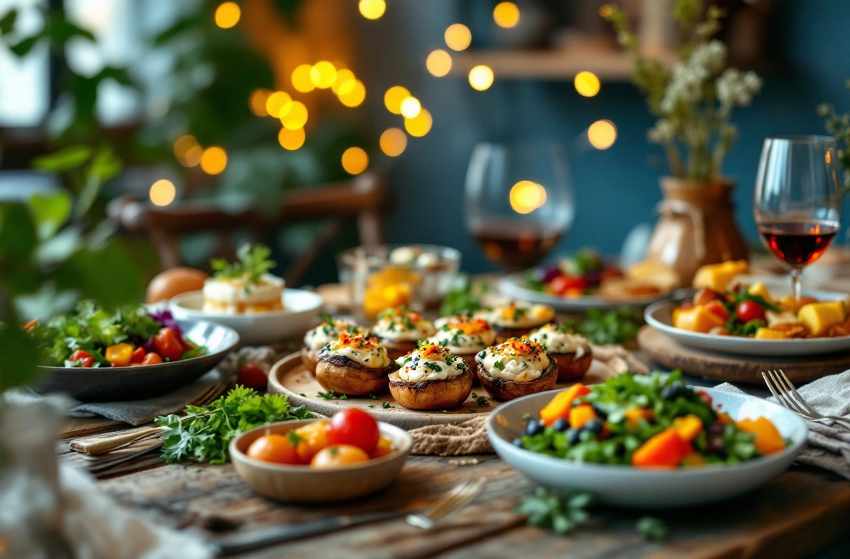 Vegan dinner party table with colorful dishes