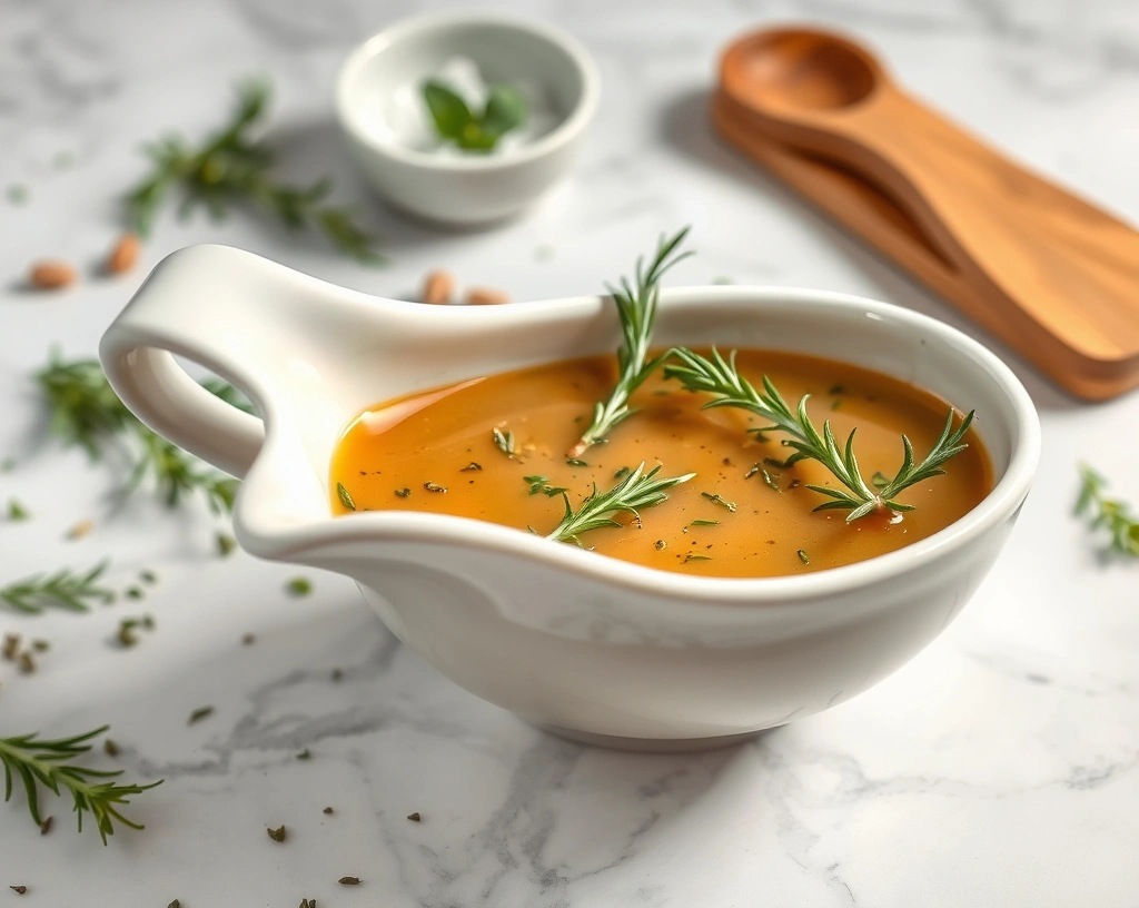 Herb-infused vegan gravy in a white gravy boat, garnished with fresh rosemary, thyme, and sage.