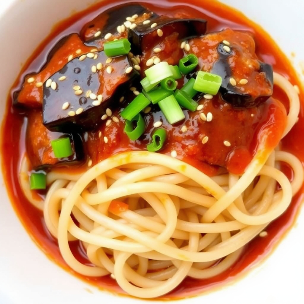 Stir-fried noodles coated in a spicy eggplant sauce and topped with sesame seeds and green onions