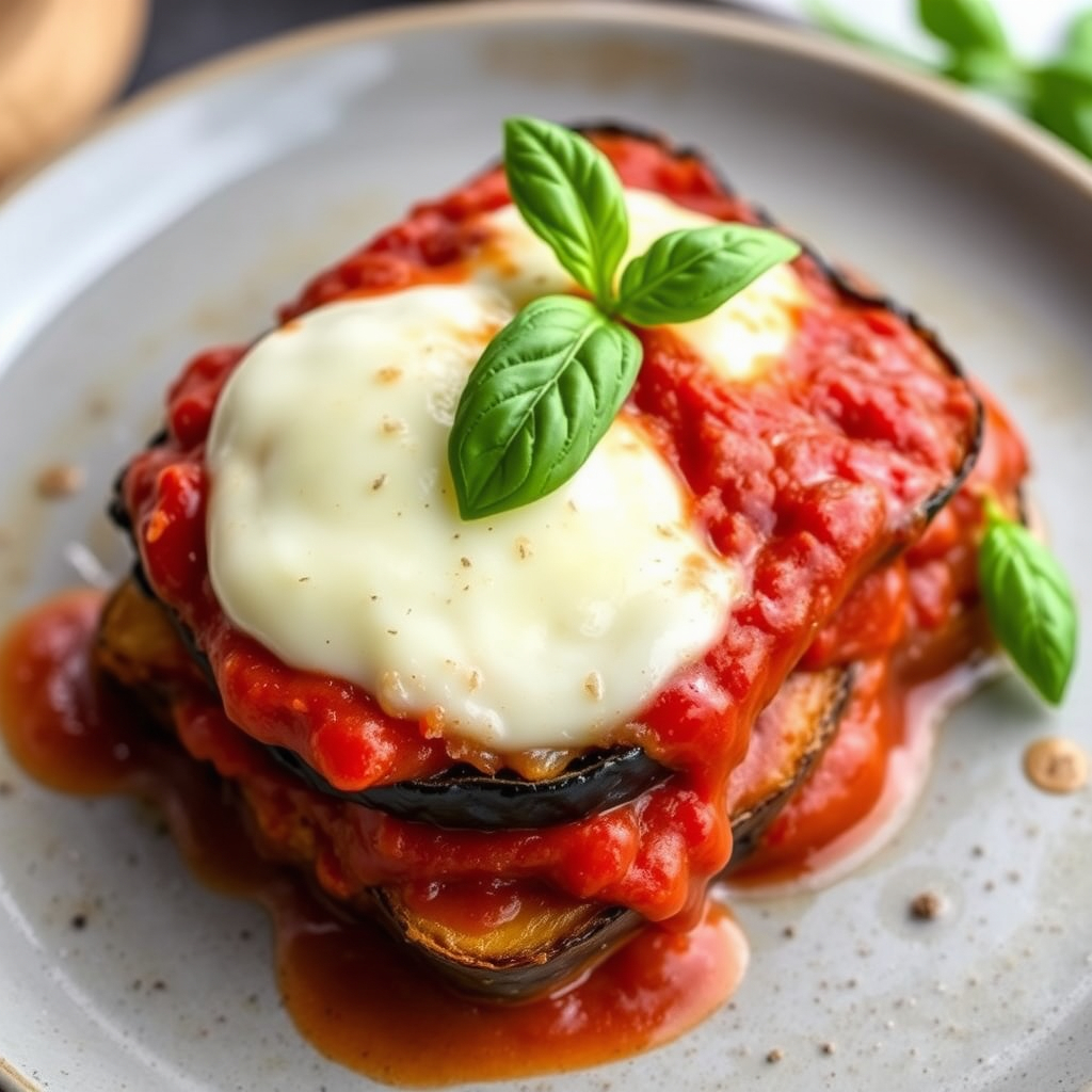 Baked vegan eggplant parmesan with layers of marinara sauce, vegan mozzarella, and fresh basil.