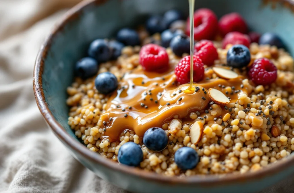 Quinoa breakfast bowl with almond butter and berries