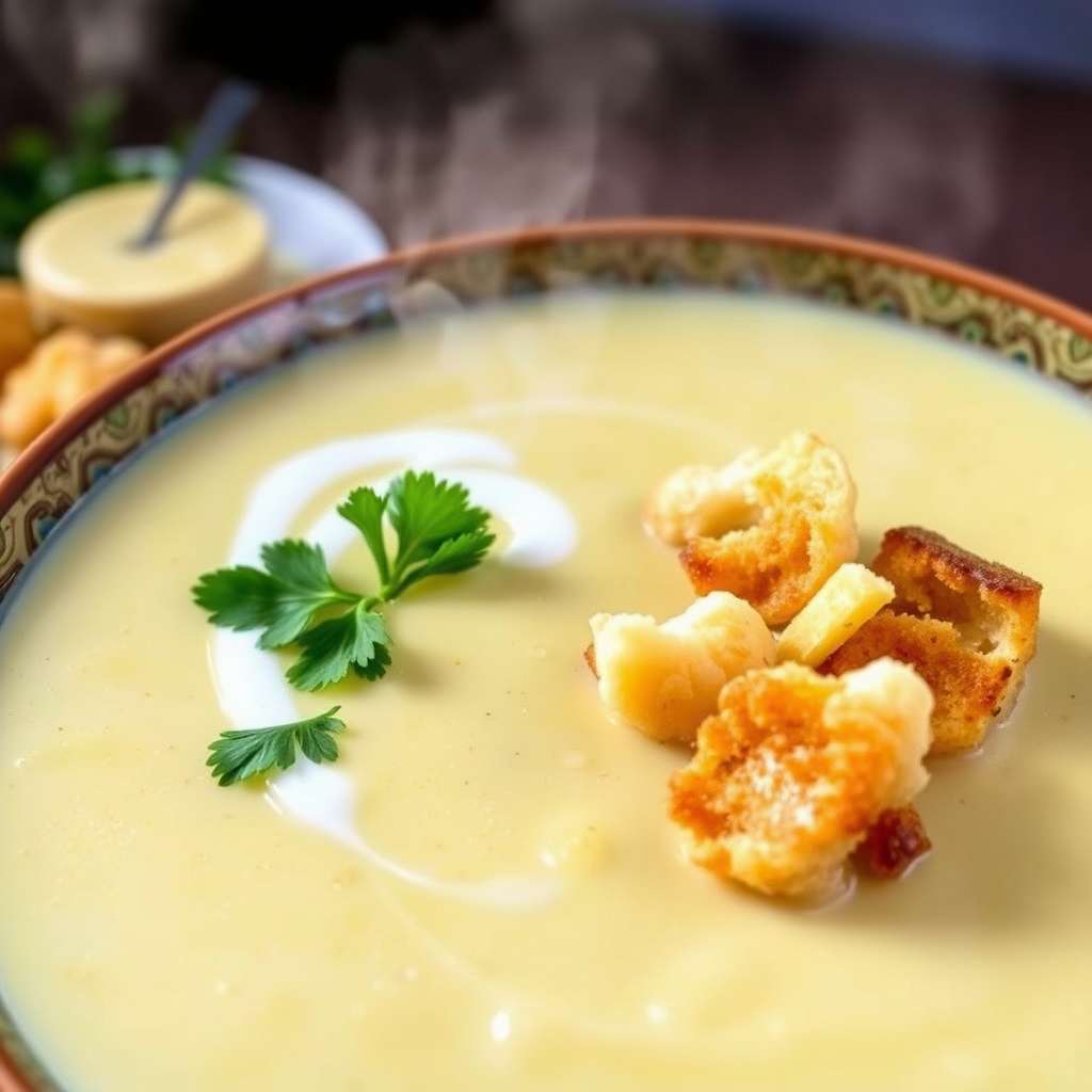 Warm bowl of creamy vegan cauliflower soup with parsley garnish.