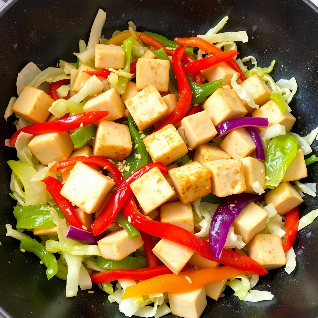 A wok filled with vegan cabbage stir-fry and tofu, garnished with sesame seeds and served warm.