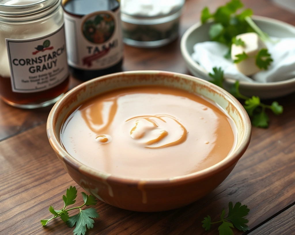 Gluten-free vegan gravy in a rustic ceramic bowl, surrounded by cornstarch, tamari, and fresh parsley.