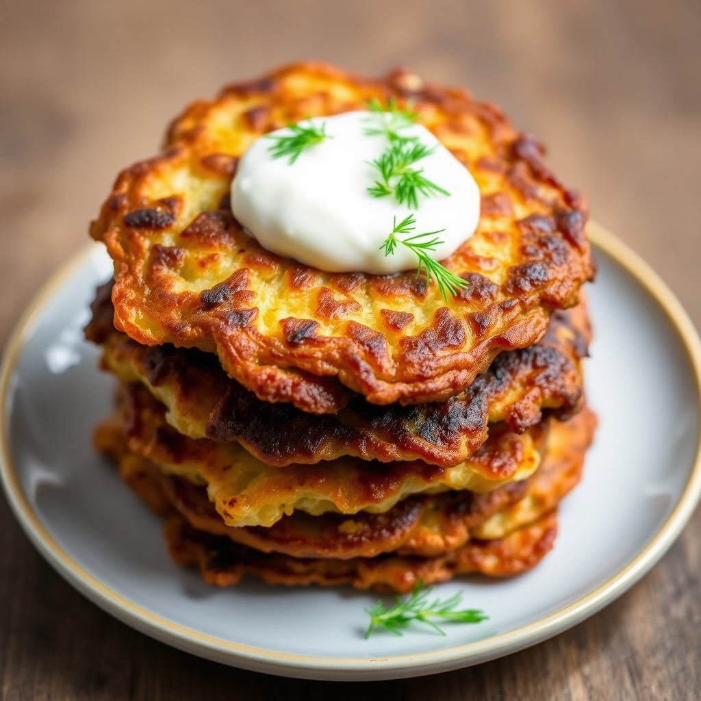 Golden vegan cauliflower fritters served with dill and sour cream.