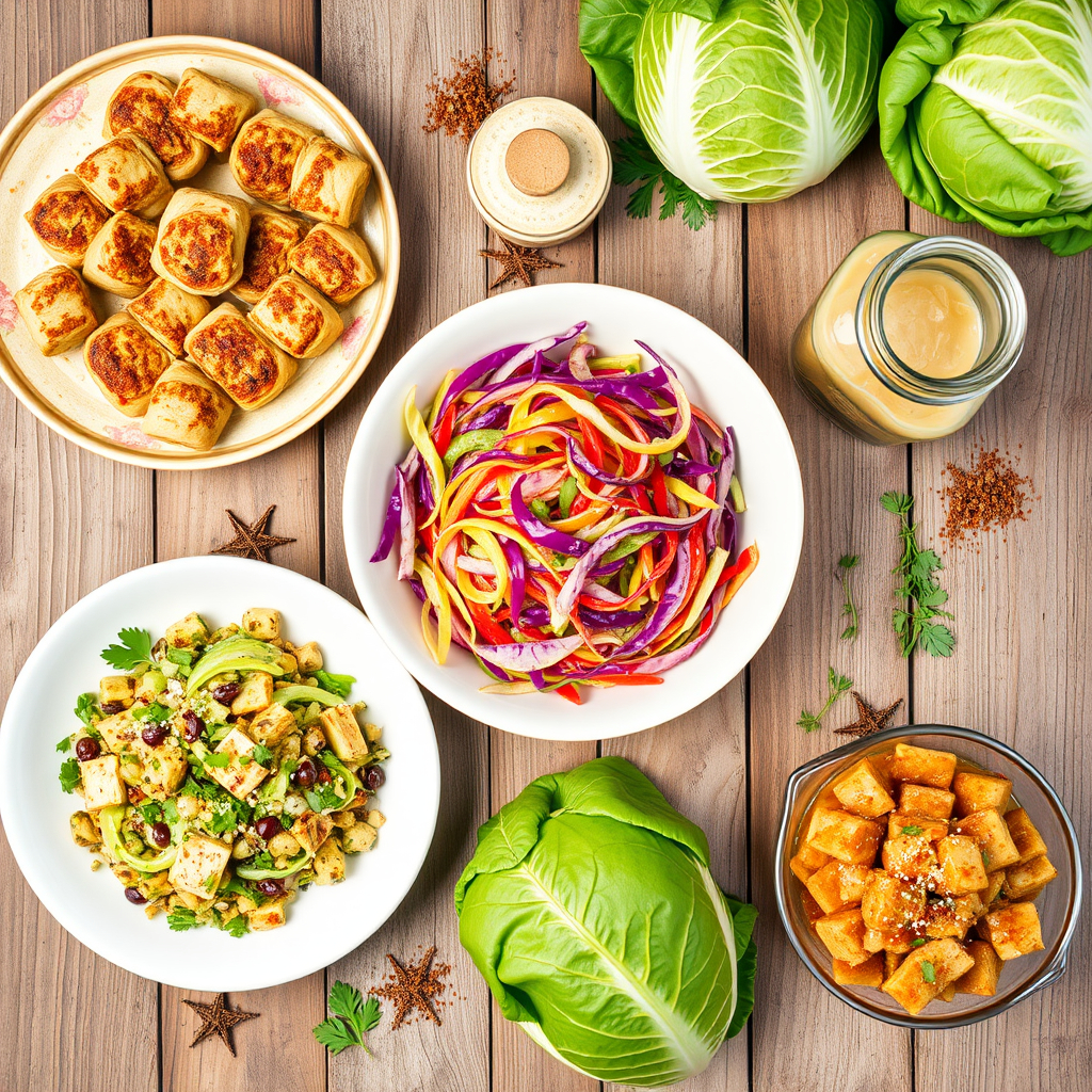 "A variety of vibrant vegan cabbage recipes, including stuffed cabbage rolls, coleslaw, stir-fry, and sauerkraut, displayed on a rustic table.