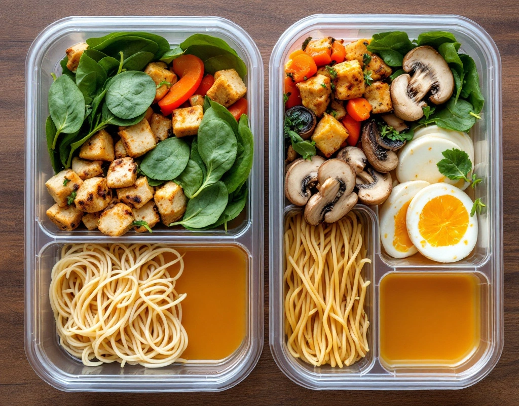 Vegan ramen meal prep containers with broth, noodles, tofu, and vegetables