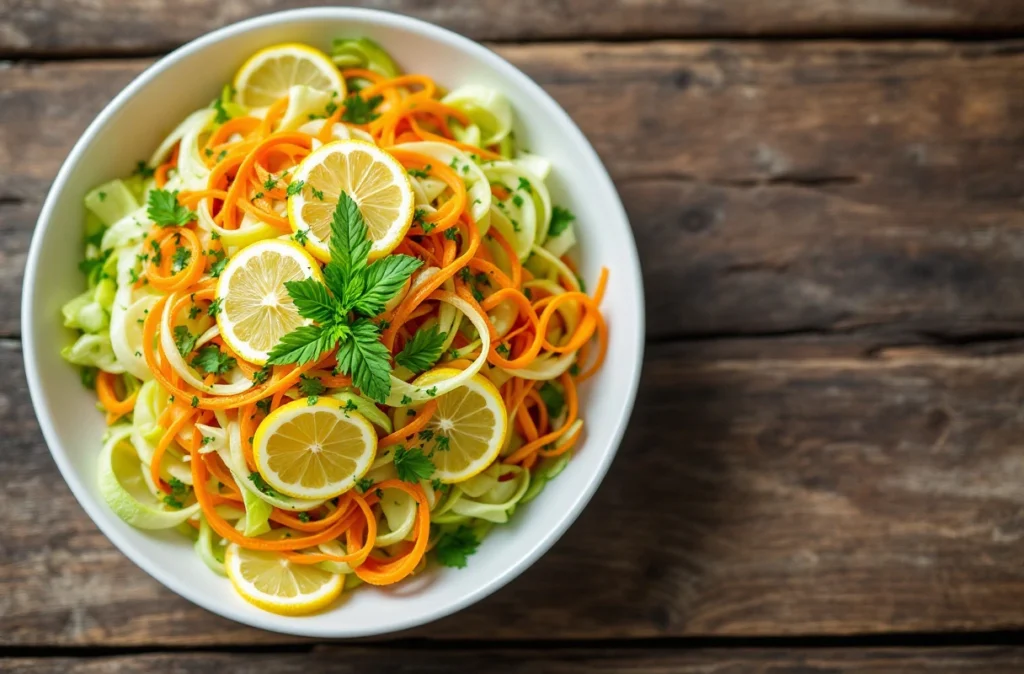 Fresh cabbage and carrot ribbon salad in a white bowl