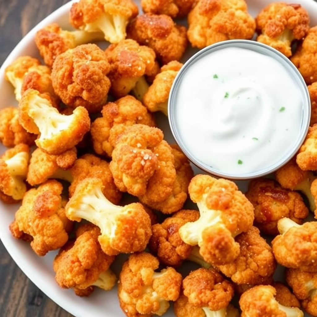 Crispy cauliflower bites paired with creamy vegan ranch dressing.