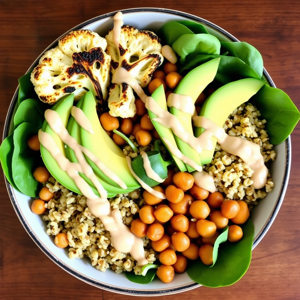 Healthy vegan Buddha bowl featuring roasted cauliflower, chickpeas, and quinoa with tahini dressing.