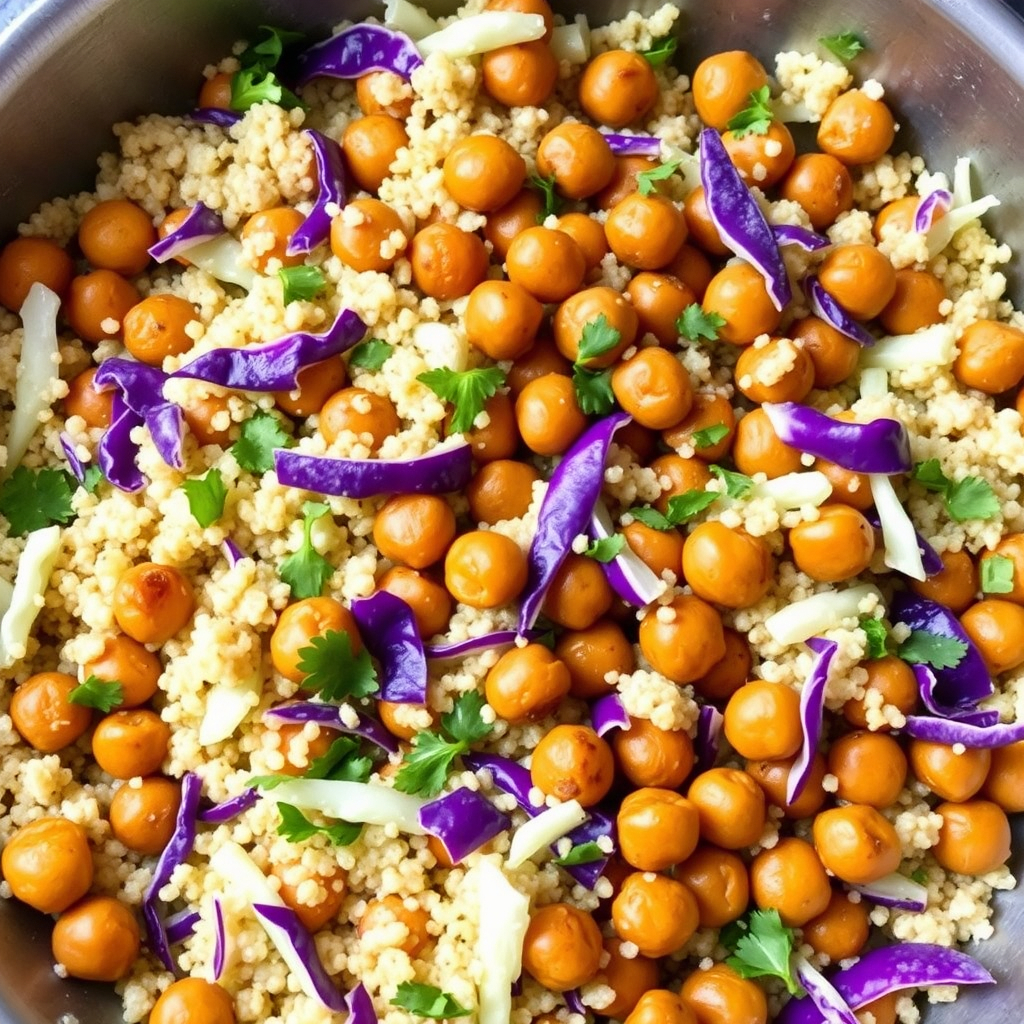 One-pot cabbage and quinoa skillet with chickpeas and fresh herbs for a healthy vegan meal.