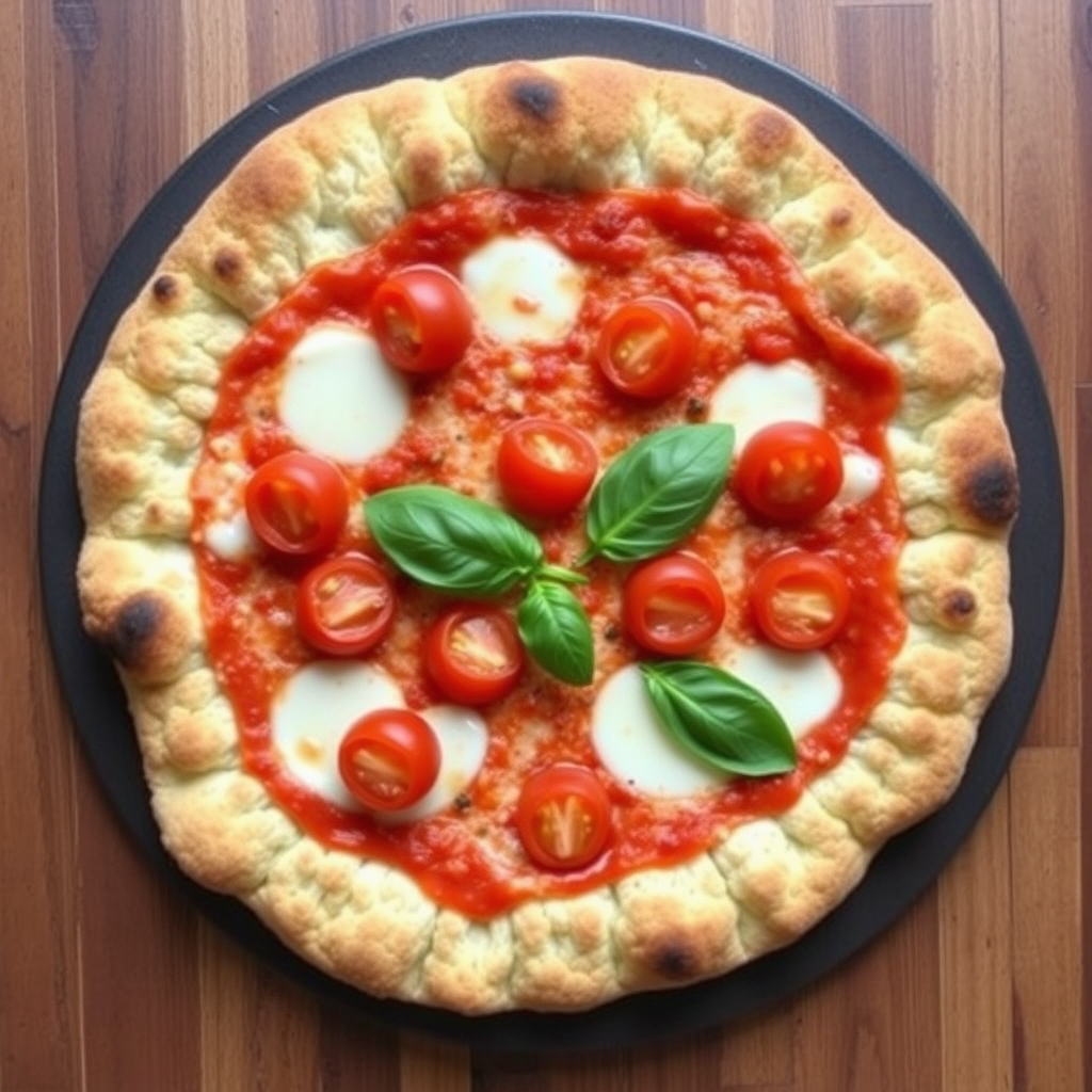 Gluten-free vegan pizza with a crispy cauliflower crust and fresh toppings.