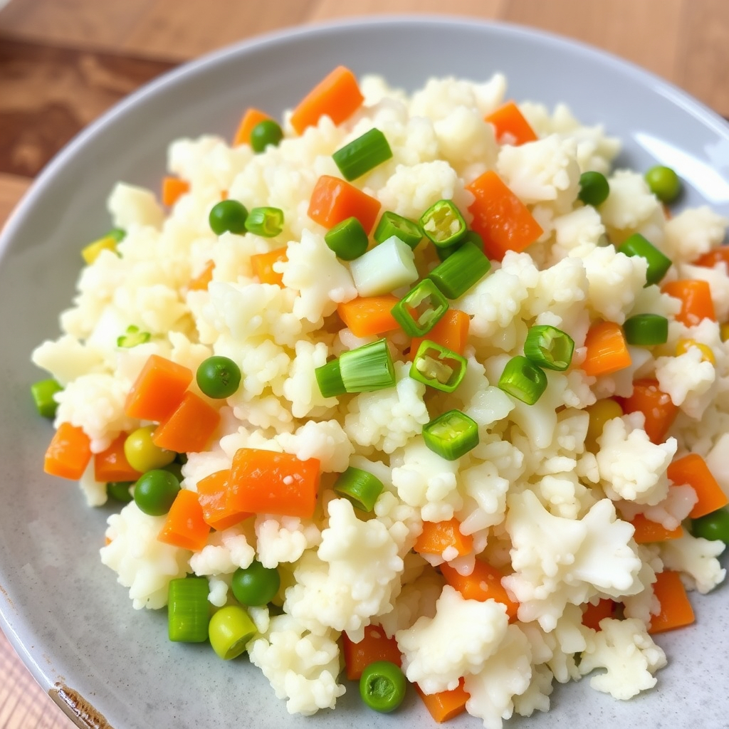 Low-carb vegan cauliflower rice stir-fry with mixed vegetables.