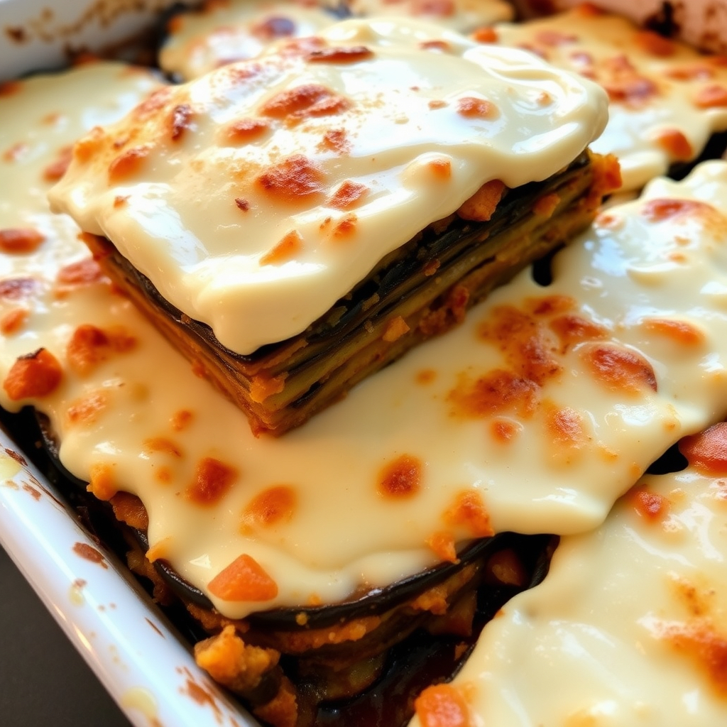 Vegan moussaka with creamy béchamel topping, roasted eggplant, and a golden crust.