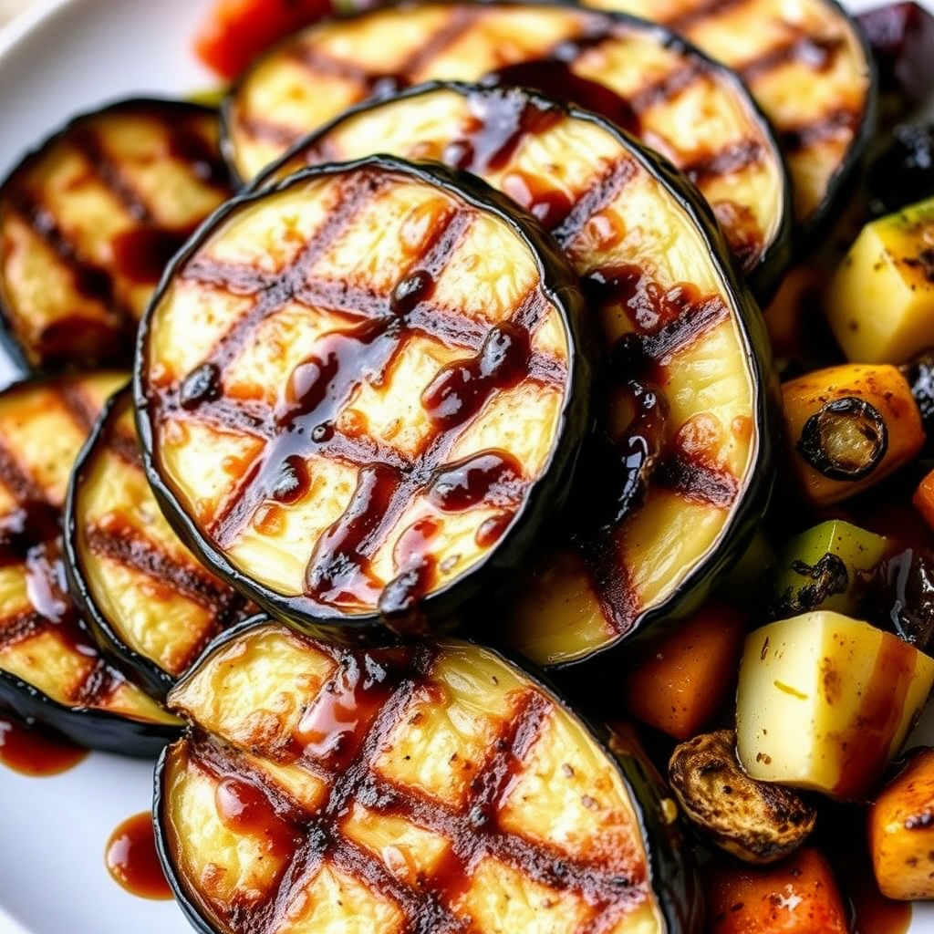 Thick slices of grilled eggplant with smoky char marks, served with roasted vegetables.