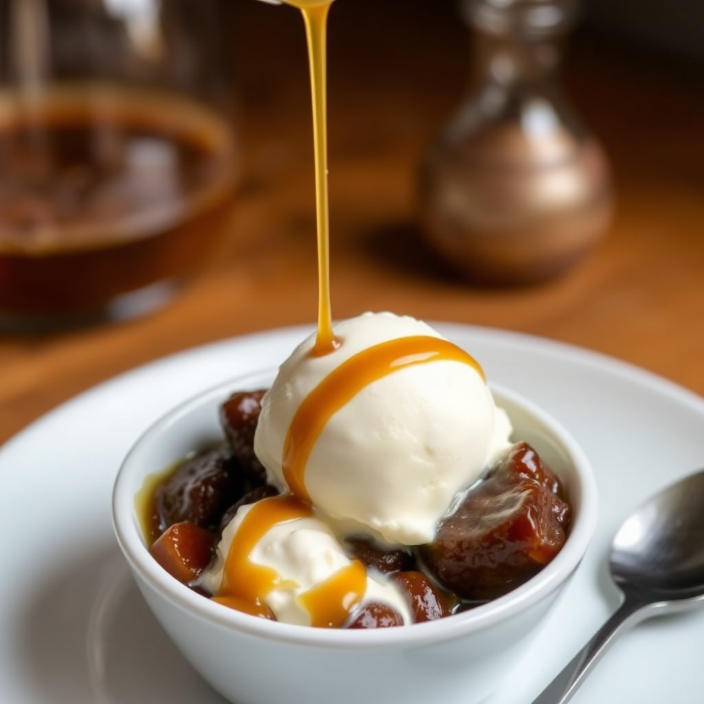 Warm vegan pudding made with eggplant and dates, topped with caramel sauce and dairy-free ice cream.