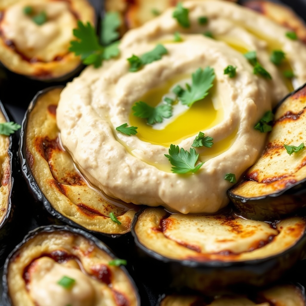 Grilled eggplant rolls filled with creamy hummus, garnished with fresh parsley and olive oil.