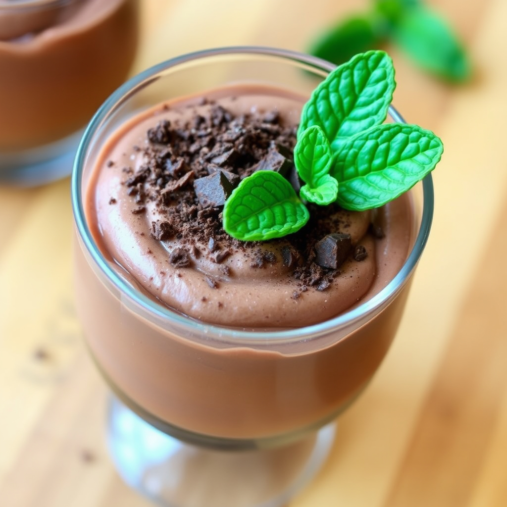 Rich chocolate mousse made with eggplant, garnished with dark chocolate shavings and mint.