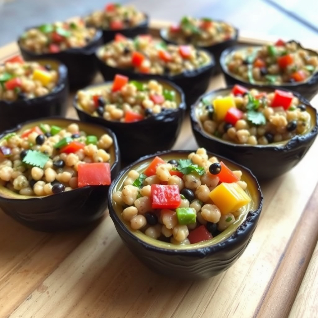 Mini roasted eggplant cups stuffed with quinoa, colorful veggies, and fresh herbs.