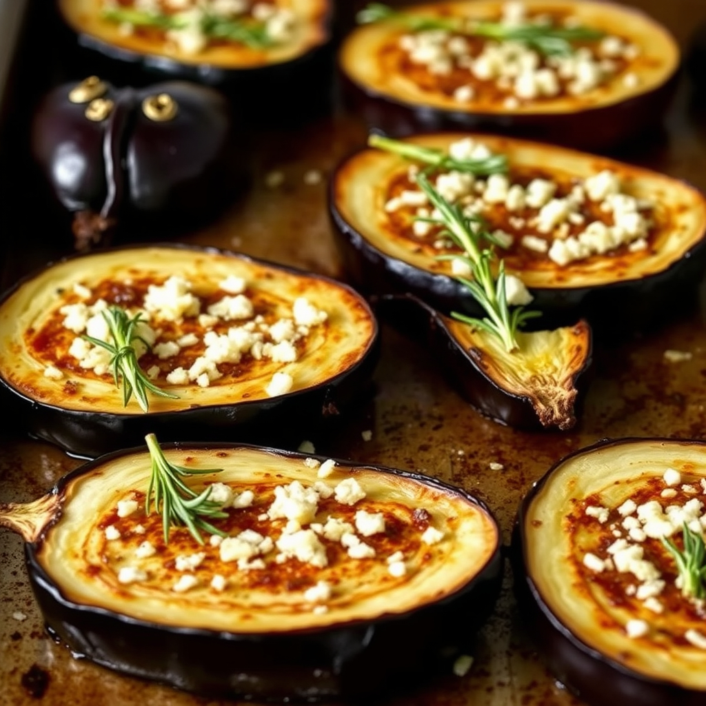 Slices of roasted eggplant topped with minced garlic and sprigs of rosemary.